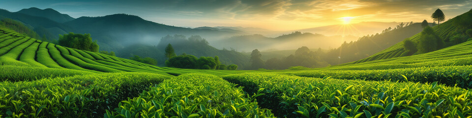 Wall Mural - Green tea plantation at sunrise time, natural background, curved green tea plantation at sunrise with fog