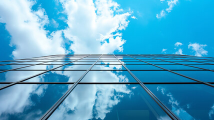 Wall Mural - looking up the side of a skyscraper blue sky and clouds reflecting off windows