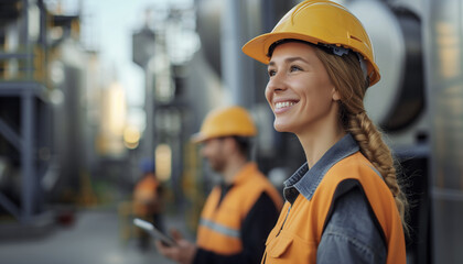 a team of safety professionals in a factory, equipped with helmets