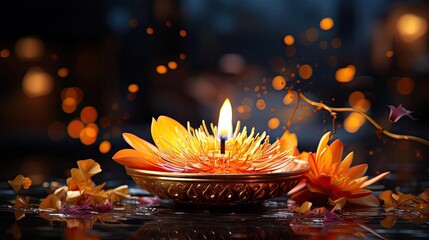 happy diwali background with burning candles, dark and blurred background