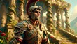 A whimsical animated art style depiction of Menelaus in ornate Grecian armor.