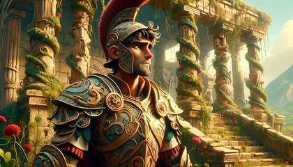 Wall Mural - A whimsical animated art style depiction of Menelaus in ornate Grecian armor.