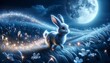 An animated silver-furred rabbit with a shimmering trail in a moonlit meadow.