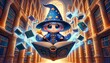 A tiny wizard with twinkling, wise eyes, wearing a starry blue robe and a pointed hat, sits astride a flying book with pages fluttering.