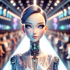 Wall Mural - A whimsical 2D animated art style depiction of an AI fashion model walking the runway in a tech fashion show.