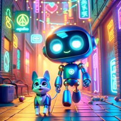 Wall Mural - A whimsical 2D animated art style depiction of an android walking a dog in a neon-lit alley.