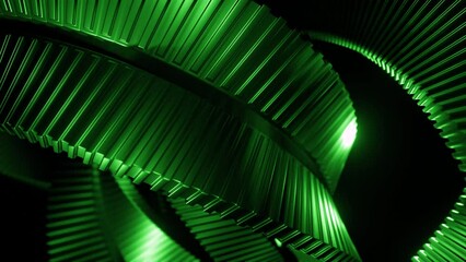 Poster - Modern 3D illustration of waving metal tapes. Design. Green ribbed metal stripes.