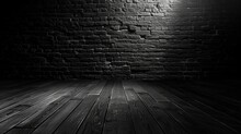 Dark Brick Wall And Wooden Floor In An Empty Room, In The Style Of Minimalist. Generative AI.