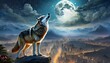 wolf howling at night, wolf howling at the moon realistic art in a city illustration background