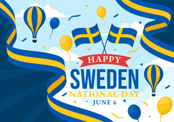 Sweden National Day Vector Illustration on 6 June Celebration with Swedish Flag and Ribbon in Holiday Celebration Flat Cartoon Background