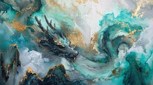 Chinese Dragon, Year Of The Dragon, 3d Wallpaper, Mountain And River Fantasy Landscape Background Inspired By Chinese Traditional Ink Painting, Gold, Blue, Green, Generative AI