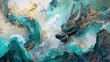 Chinese dragon, Year of the Dragon, 3d wallpaper, mountain and river fantasy landscape background inspired by chinese traditional ink painting, gold, blue, green, generative AI