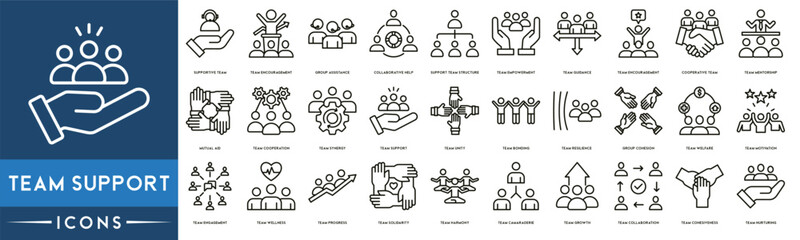 team support, team motivation, team engagement, teamwork icon set. included the icons as job team we