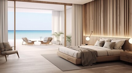 Wall Mural - Beautiful hotel room suite, elegant and luxury with modern minimalist style, wooden walls and beautiful view of the beach.