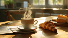 A Cup Of Coffee And A Croissant On A Wooden Table. A Folded Newspaper Sits On A Saucer Next To The Cup