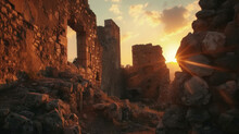The Ruins Of An Ancient Fortress Its Walls Aglow In The Fiery Light Of Sunset.