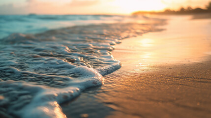 Wall Mural - close-up view of a turquoise ocean wave gently lapping at the shore, with sunlight glinting off the 