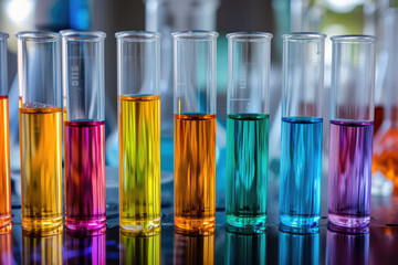 Wall Mural - Chemical test tubes filled with a variety of colorful liquids on laboratory background