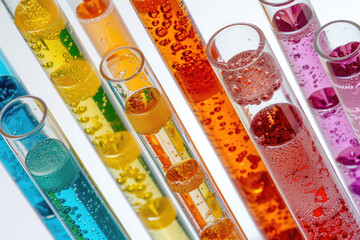 Wall Mural - Chemical test tubes filled with a variety of colorful liquids on white background