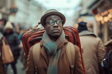 Wall Mural - portrait of ethnic man loaded with luggage surrounded by people going for a journey or migration