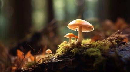 Canvas Print - A mushroom (Mycena) on dead wood, in the forest.