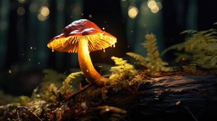 Poster - A nice and bright brown mushroom on a trunk tree in a dark forest