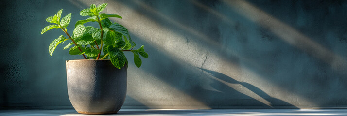 Poster - Fresh potted mint plant on windowsill with dramatic shadows and sunlight, symbolizing growth and freshness in home gardening, background with a place for text