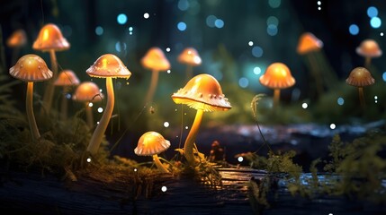 Poster - Glowing mushroom lamps with fireflies in magical forest