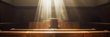 Empty Wooden Courtroom Bench Illuminated By Dramatic Sunlight Through The Windows, Symbolizing Justice Or Judgement Concept, Background With A Place For Text