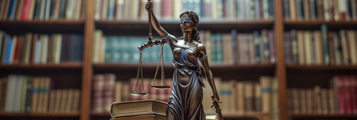 Wall Mural - Bronze statue of Lady Justice holding scales in a library setting with legal books blurred in the background, symbolizing law and justice, background with a place for text