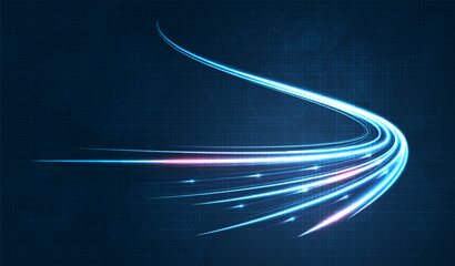 Leinwandbilder - Blue light streak, fiber optic, speed line, futuristic background for 5g or 6g technology wireless data transmission, high-speed internet in abstract. internet network concept. vector design.
