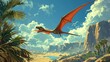 The majestic flying Pteranodon glides gracefully above the shimmering oasis its keen eyes scanning for any signs of prey below.