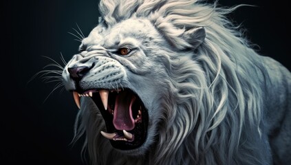 a portrait of a white dangerous big hungry lion with large open mouth and yellow teeth isolated on a dark black background