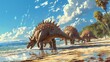 A group of stegosaurus using their plates to regulate their body temperature as they wander the beach admiring the sparkling sea.