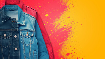 Sticker - Colorful fashion concept with a vibrant paint splash background and a juxtaposition of a blue denim jacket against a red jacket, background with a place for text, Labor day