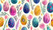 A vibrant collection of illustrated Easter eggs and spring flowers in various patterns and colors, symbolizing the Easter holiday, background 