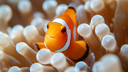 Wall Mural - A serene clownfish nestled among anemones with the waves