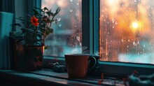 Rainy Evening Coffee: Enjoying A Cup By The Window In The Rain Seamless Looping 4k Time-lapse Virtual Video Animation Background. Generated AI