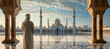 Muslim imam looking at beautiful mosque, Islam religion concept.