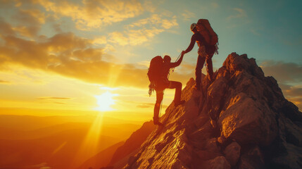 Climbers Reaching Summit at Sunrise.