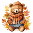Cute good-natured bear in warm clothes in autumn on a white background.