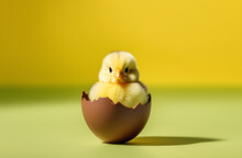 Chick Hatched Out Of Chocolate Easter Egg On Light Yellow Green Background. Minimal Holiday Concep