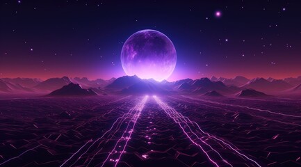 Wall Mural - Futuristic purple neon light landscape background mixed with retro in classic colors.