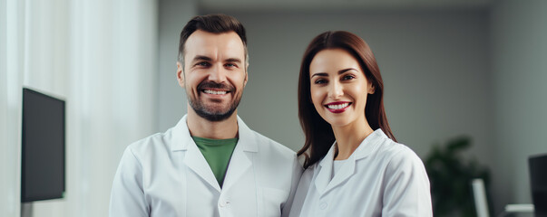 Wall Mural - Two Healthcare Professionals in a Bright Hospital Setting