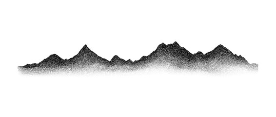 Aufkleber - Grain stippled mountain range. Dotted landscape terrain silhouette. Black white grainy hill chain. Grunge noise mountain peak background. Dot work texture wallpaper. Vector scenery illustration