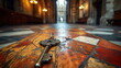 Vintage key on an old wooden floor with a blurred cathedral aisle in the background, invoking a historical mystery