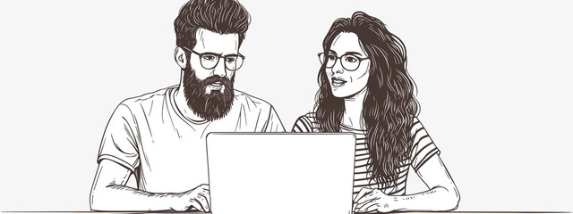 Fototapete - Teamwork business concept illustration modern vector simple outline style drawing for graphic and web design