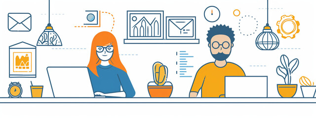 Fototapete - Teamwork business concept illustration modern vector simple outline style drawing for graphic and web design