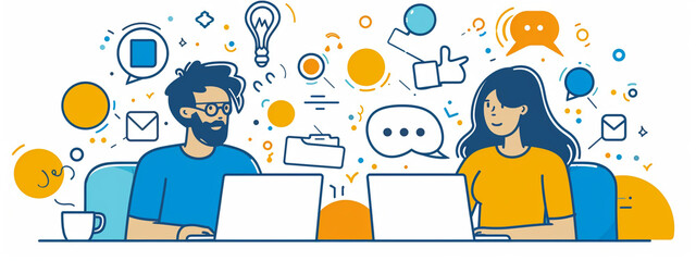 Fototapete - Teamwork business concept illustration modern vector simple outline style drawing for graphic and web design