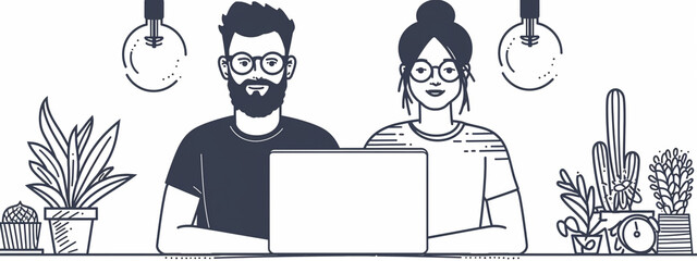 Fototapete - Teamwork business concept illustration modern vector simple outline style drawing for graphic and web design